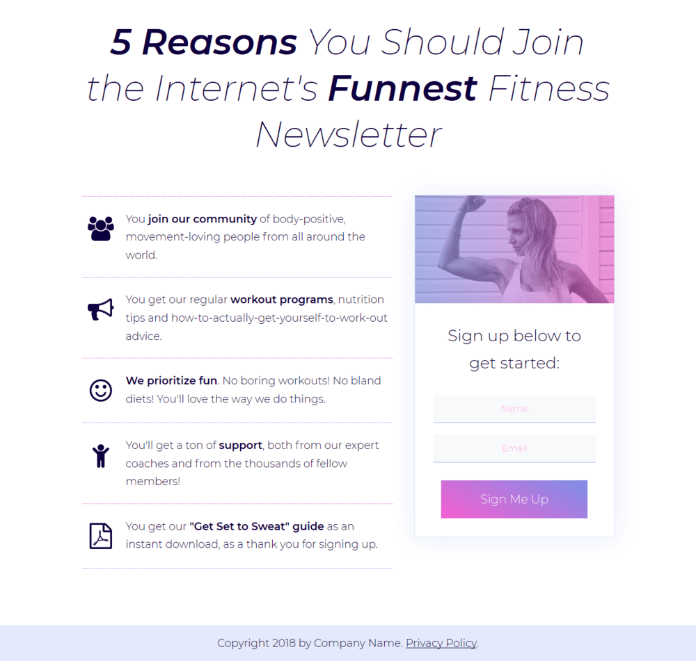 Fitness themes email lead generation page